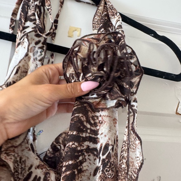 Animal Print Ruffle Brown and Cream Halter Dress - Picture 6 of 7